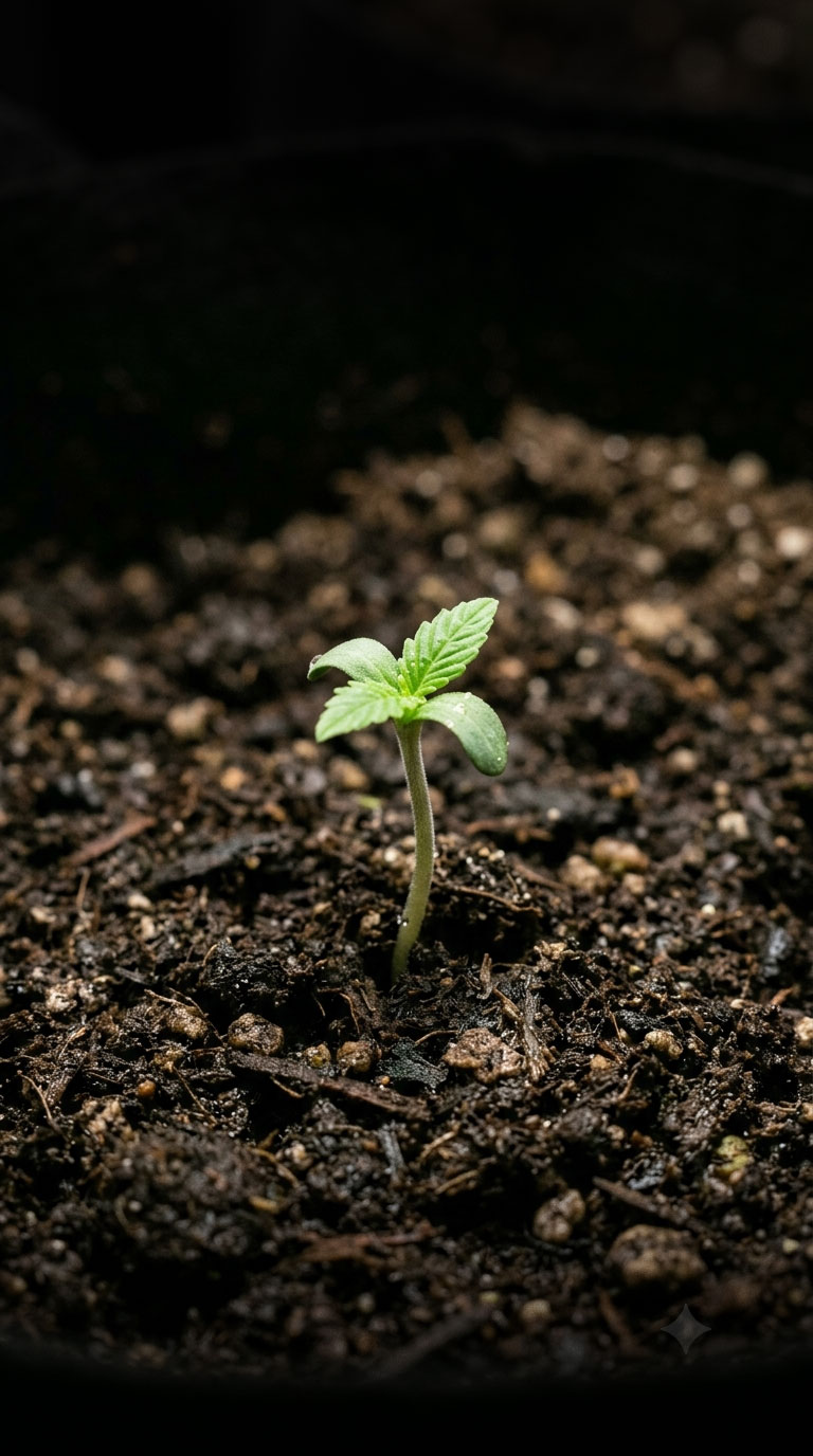 Cannabis seedling emerging from rich highland soil